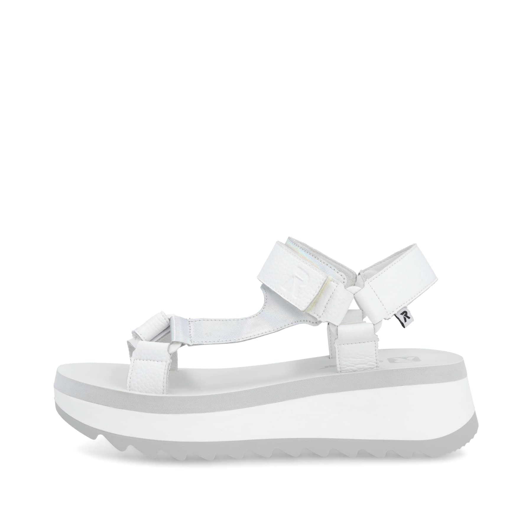 Weiße Rieker Damen Riemchensandalen W3051-80 mit einem Klettverschluss. Schuh Außenseite.