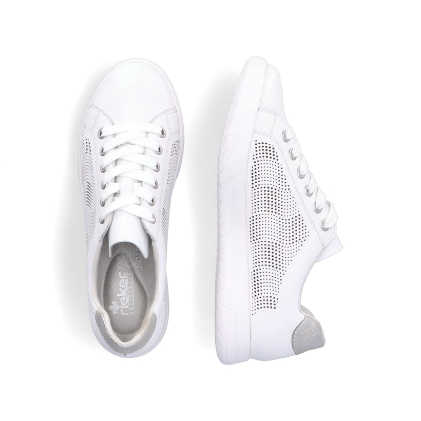 Weiße Rieker Damen Sneaker Low 45606-80 mit einer Schnürung. Schuh von oben, liegend.