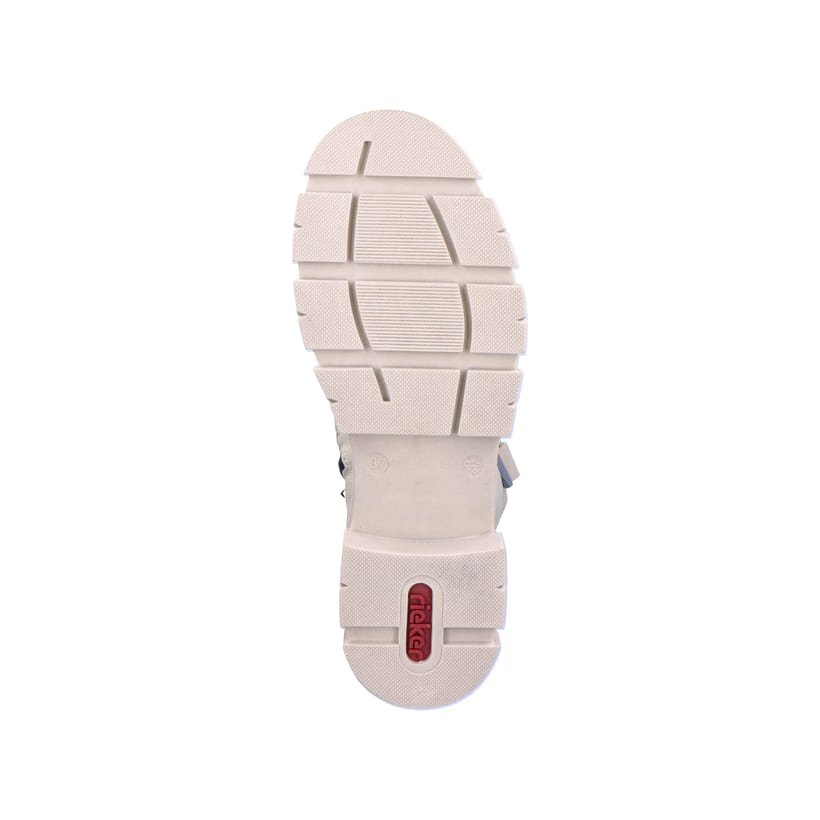 Cremefarbene Rieker Damen Hochschaftstiefel Y7190-60 mit einem Reißverschluss. Schuh Laufsohle.
