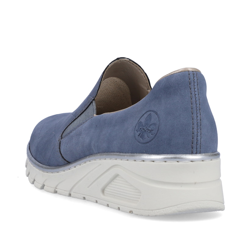 Blaue Rieker Damen Slipper N3363-10 mit Elastikeinsatz sowie schmaler Passform E. Schuh von hinten.