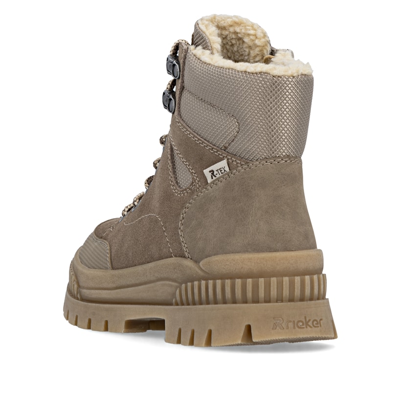 Bottes à lacets Rieker beiges pour femme W2176-64 avec semelle Fiber-Grip. Chaussure vue de l'arrière.