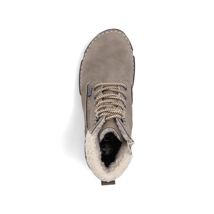 Grau-beige Rieker Damen Schnürstiefel 45925-25 mit wasserabweisender TEX-Membran. Schuh von oben.