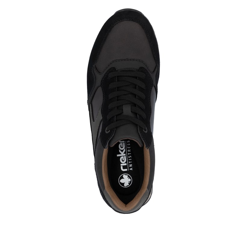 Schwarze Rieker Herren Sneaker Low U0313-00 aus Rauleder mit einer Schnürung. Schuh von oben.