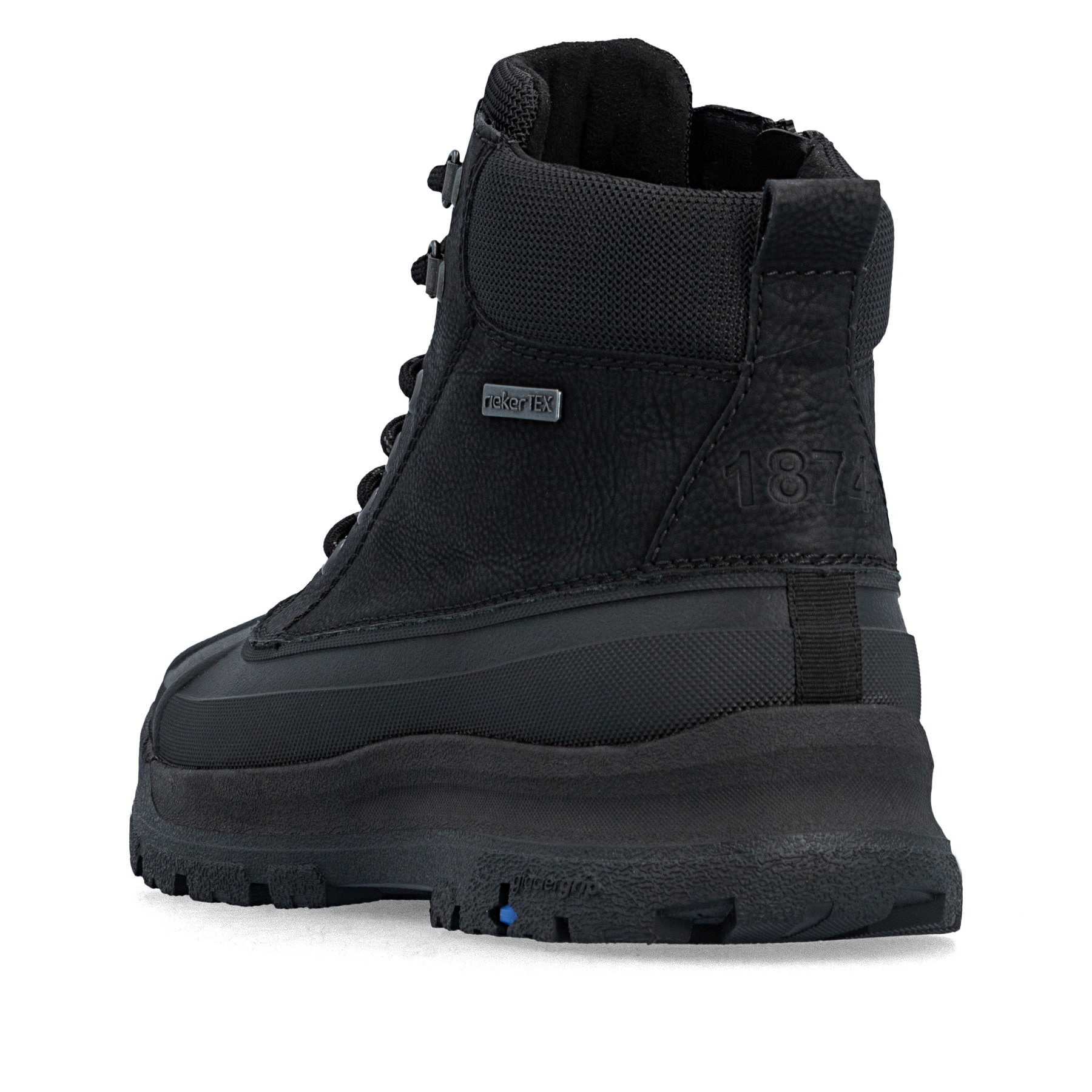 Schwarze Rieker Herren Schnürstiefel 30302-00 mit dem umdrehbaren Glacier Grip. Schuh von hinten.
