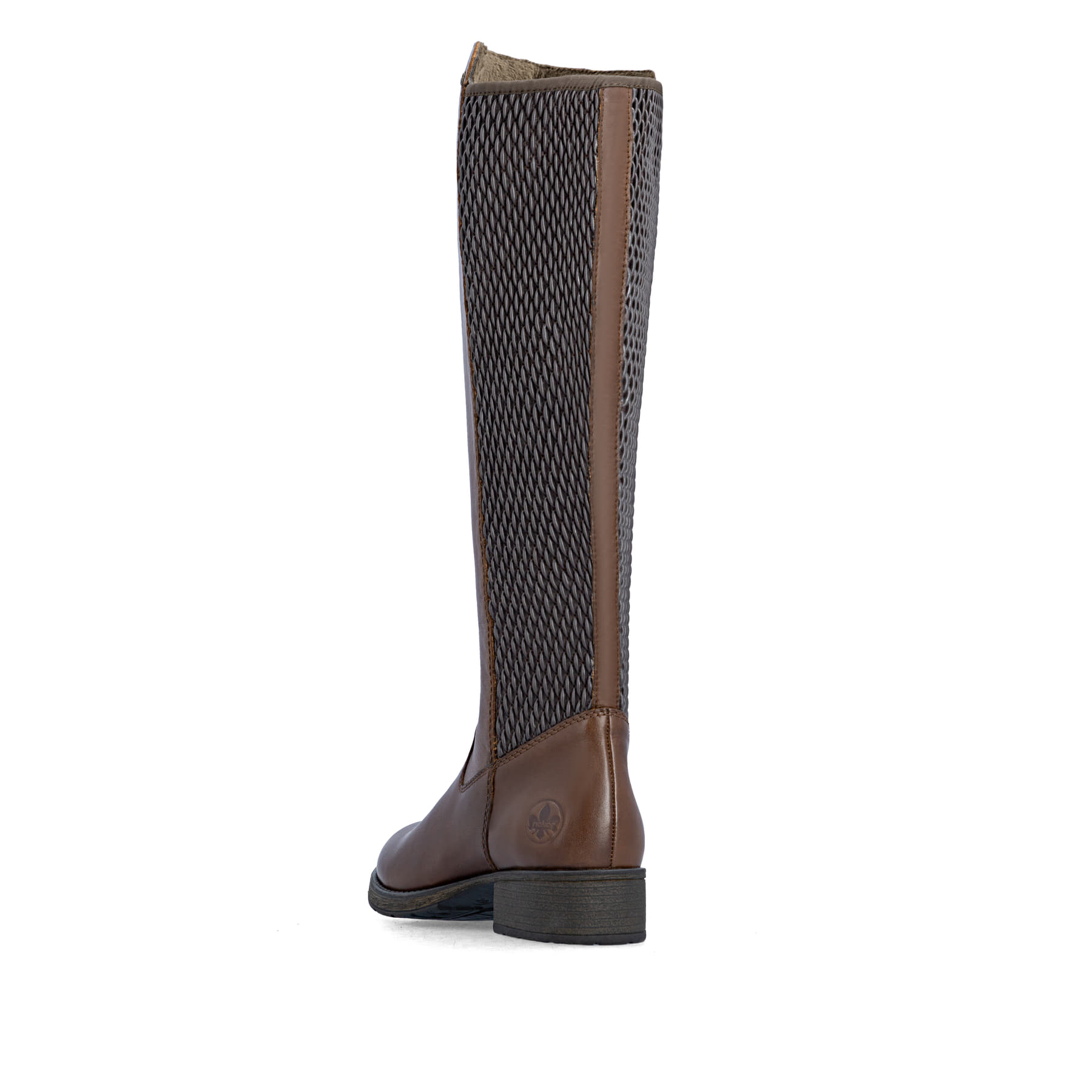 Dunkelbraune Rieker Damen Hochschaftstiefel Z9591-29 aus Glattleder. Schuh von hinten.