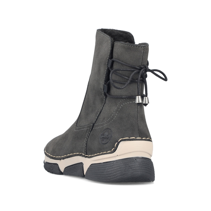 Dunkelgraue Rieker Damen Kurzstiefel 45990-45 mit einem Reißverschluss. Schuh von hinten.
