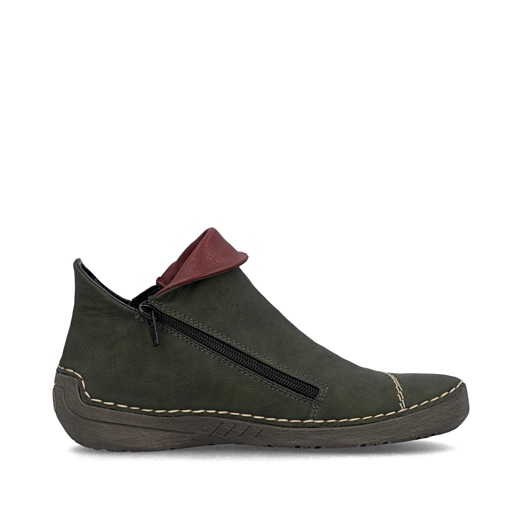 Grüne Rieker Damen Kurzstiefel 72581-54 mit bunten Details sowie Reißverschluss. Schuh Innenseite.