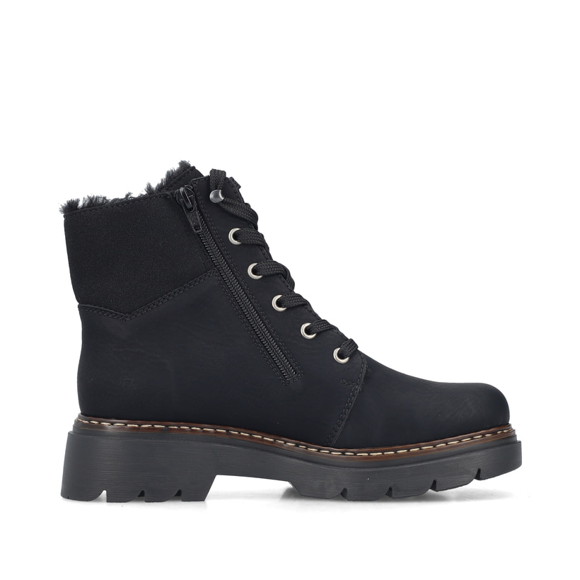 Schwarze Rieker Damen Schnürstiefel 76720-00 mit einem Reißverschluss. Schuh Innenseite.