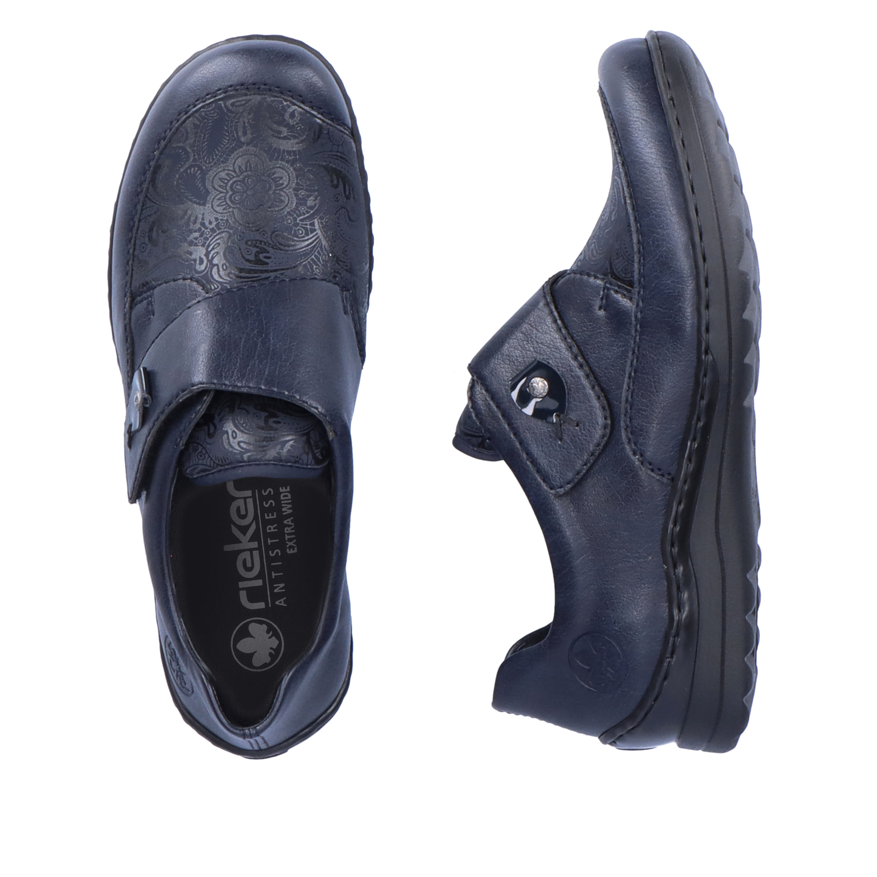 Mocassins Rieker bleus pour femmes 48951-14 avec fermeture velcro. Chaussure vue de dessus, couchée.