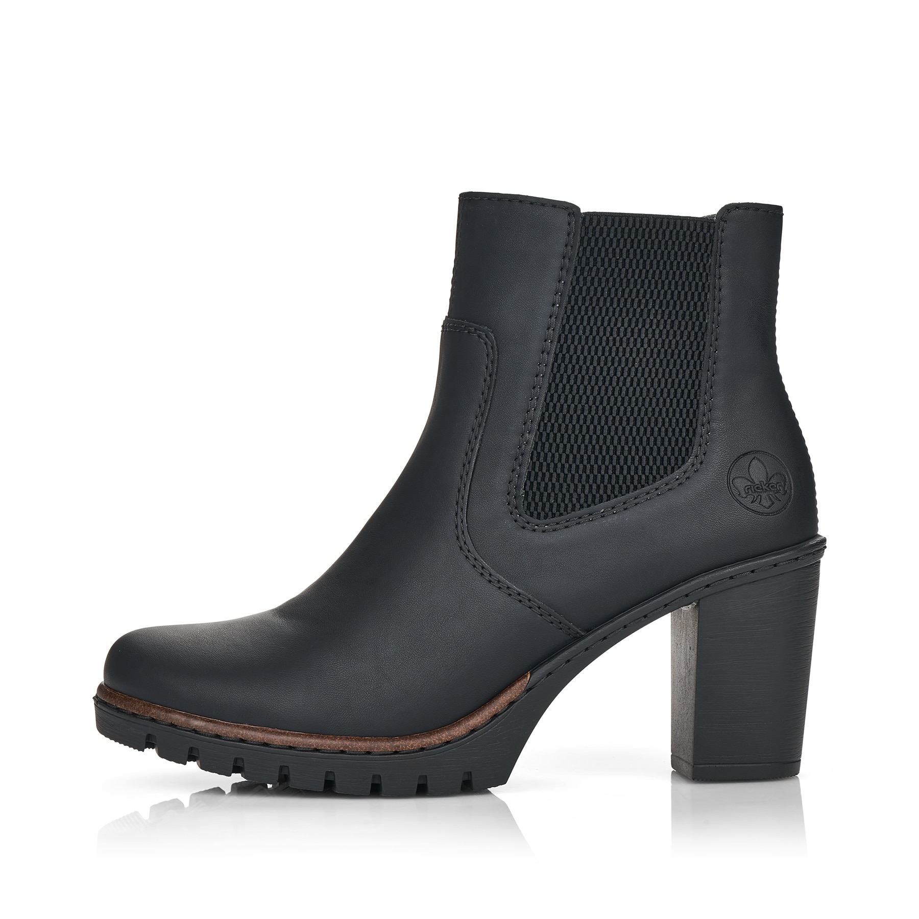 Tiefschwarze Rieker Damen Stiefeletten Y2574-00 mit Reißverschluss sowie Blockabsatz. Schuh Außenseite