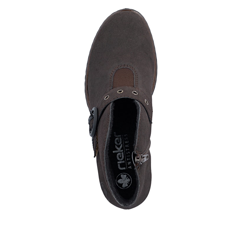 Dunkelbraune Rieker Damen Stiefeletten Y2586-25 mit einem Reißverschluss. Schuh von oben.