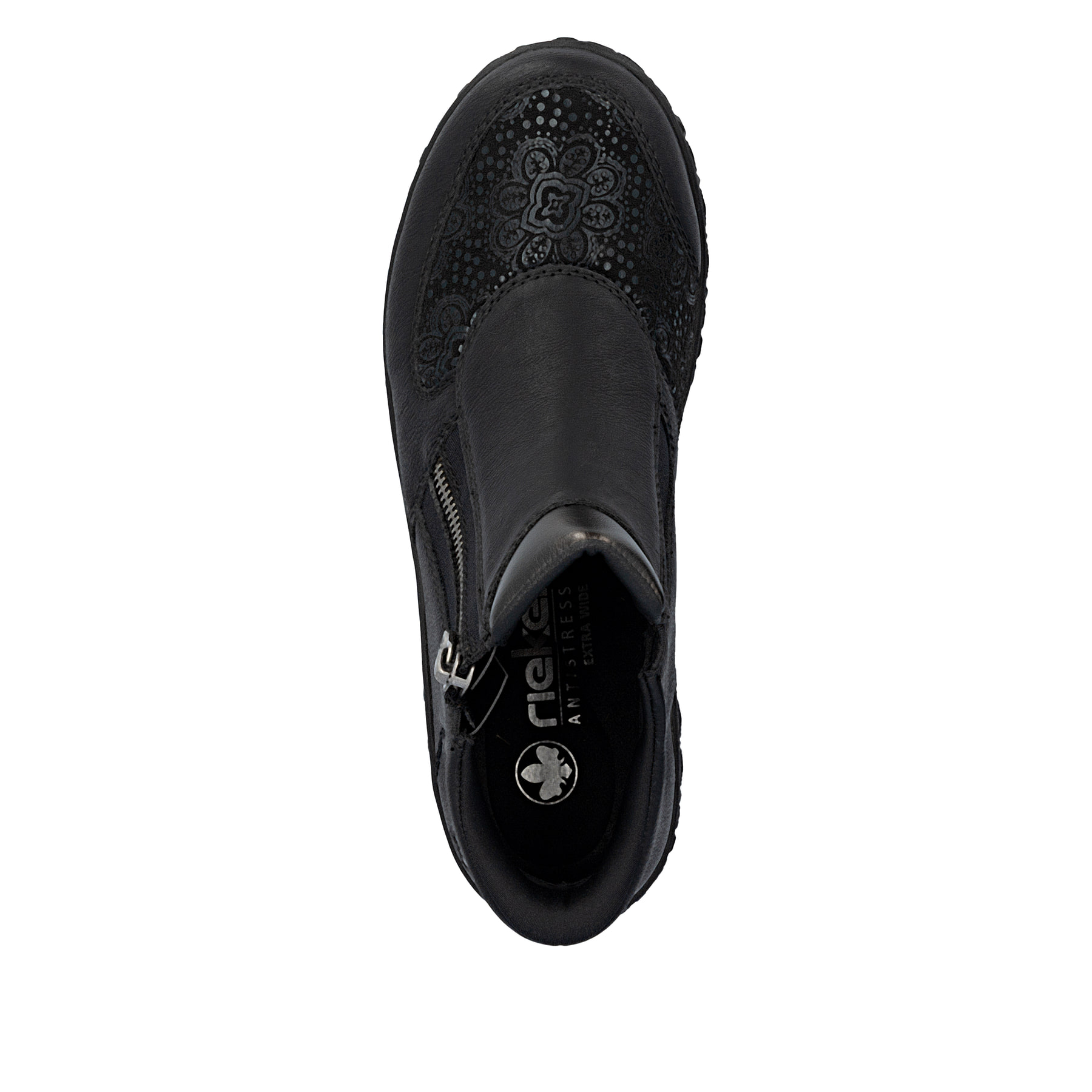 Schwarze Rieker Damen Kurzstiefel 59558-00 mit easy Hineinschlüpf-Möglichkeit. Schuh Laufsohle.