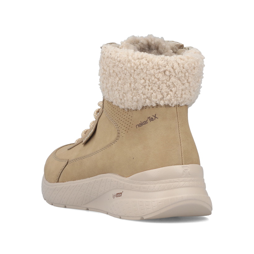 Vegane, beige Rieker Damen Sneaker High M8510-60 mit Teddyfell-Kragen. Schuh von hinten.