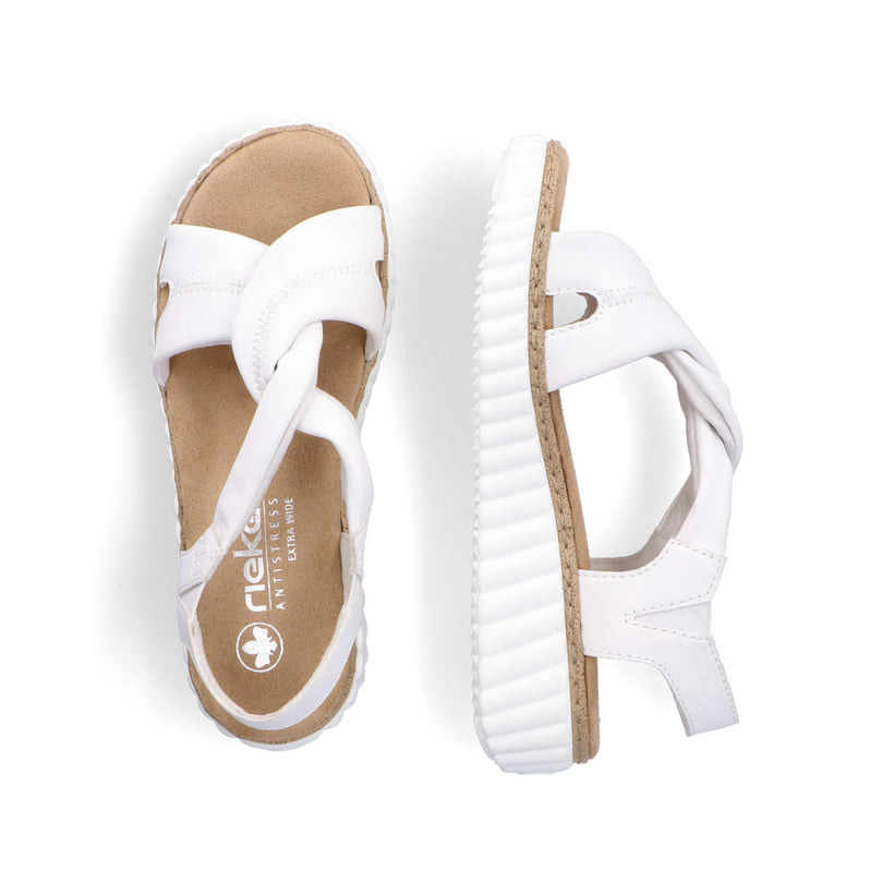 Weiße Rieker Keilsandaletten 63261-80 mit einem Gummizug sowie der Extraweite H. Schuh von oben, liegend.