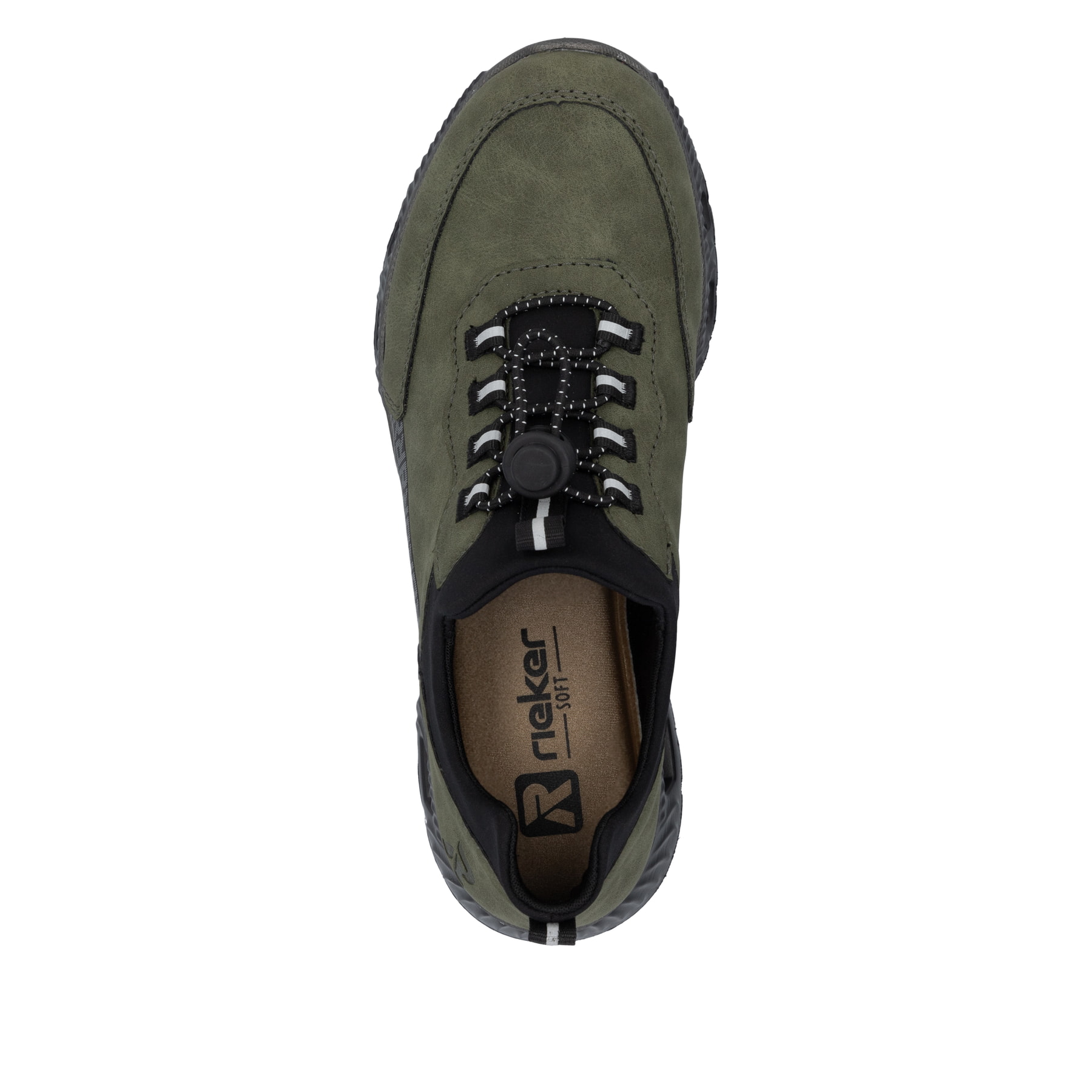 Baskets basses Rieker vertes pour femme M6058-54 avec bande élastique. Semelle extérieure de la chaussure.