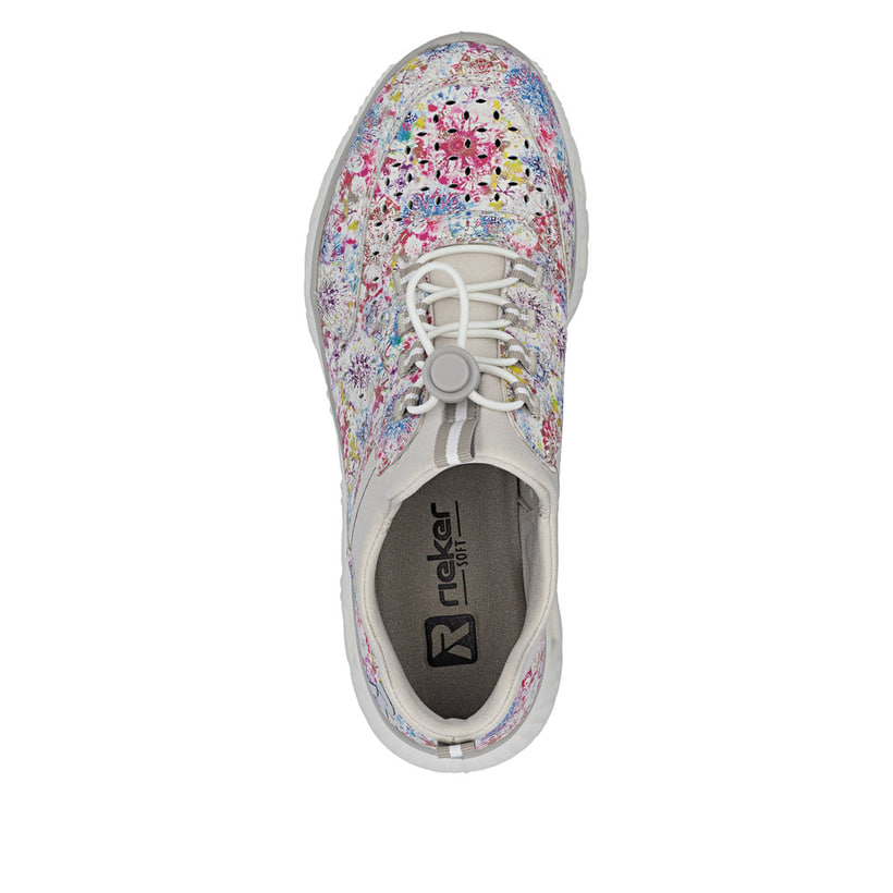 Mehrfarbige Rieker Damen Slipper M6081-90 mit floralem Muster sowie Gummizug. Schuh von oben.