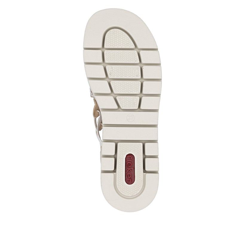 Beige Rieker Keilsandaletten V4941-60 mit Strasssteinen sowie einem Gummizug. Schuh Laufsohle.