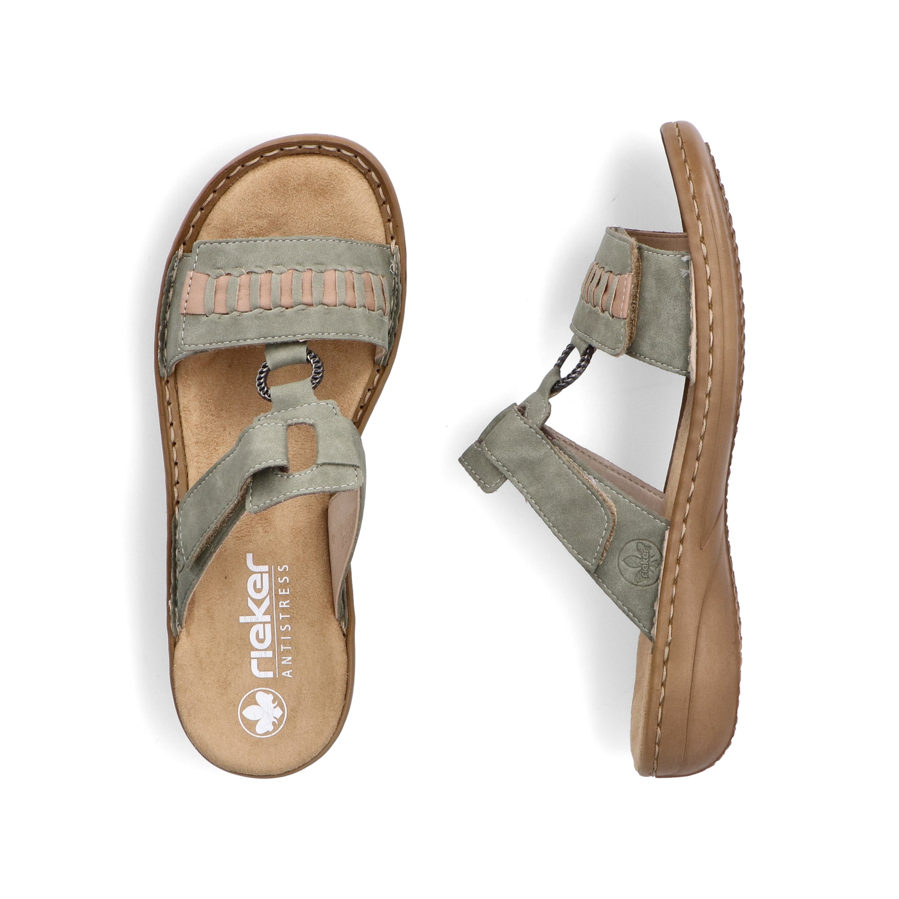 Grüne Rieker Damen Pantoletten 60881-52 mit einem Klettverschluss. Schuh von oben, liegend.