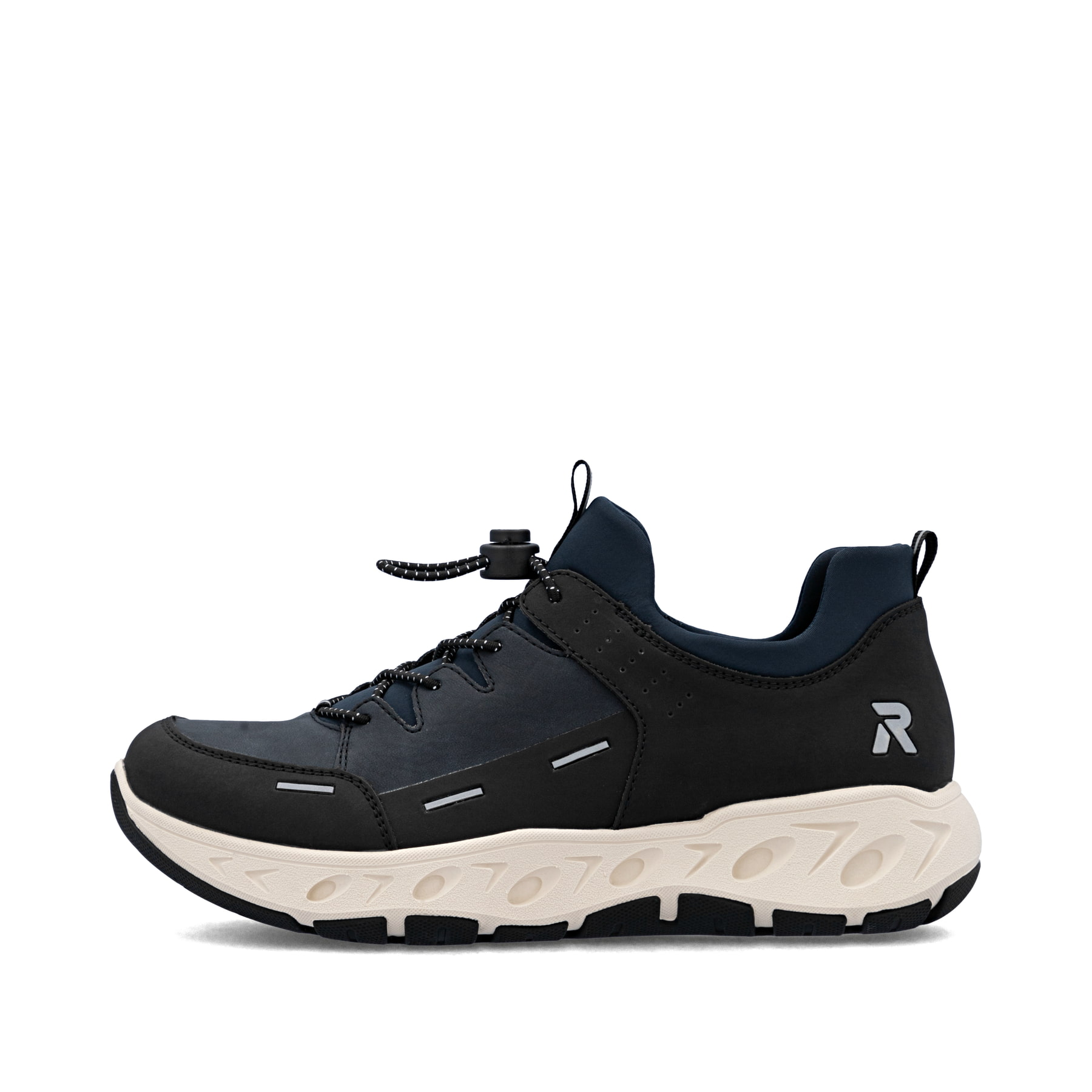 Baskets basses Rieker bleues pour femme M6550-14 avec bande élastique. Côté extérieur de la chaussure.