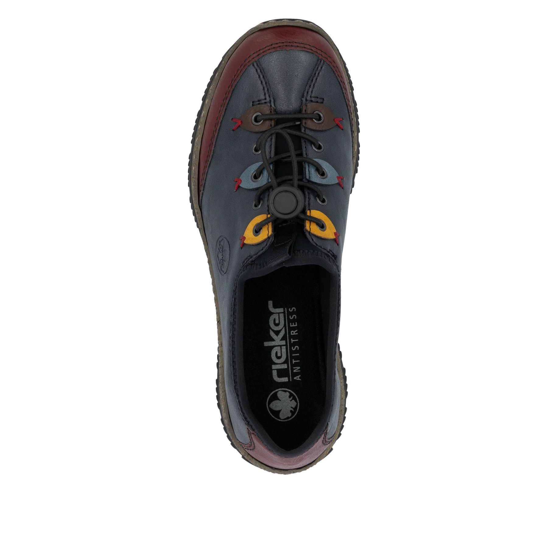 Azurblaue Rieker Damen Slipper N3271-35 mit Gummizug sowie einer leichten Sohle. Schuh von oben