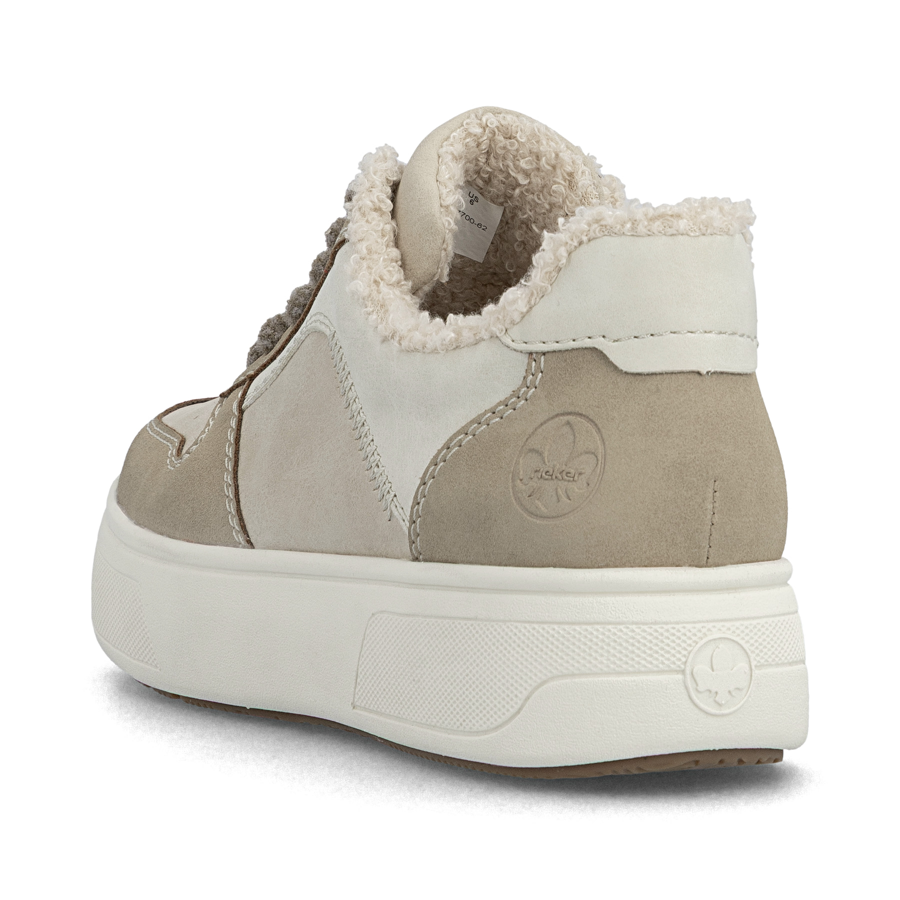 Beige Rieker Damen Sneaker Low M7700-62 mit Schaftkragen sowie einer Schnürung. Schuh von hinten.