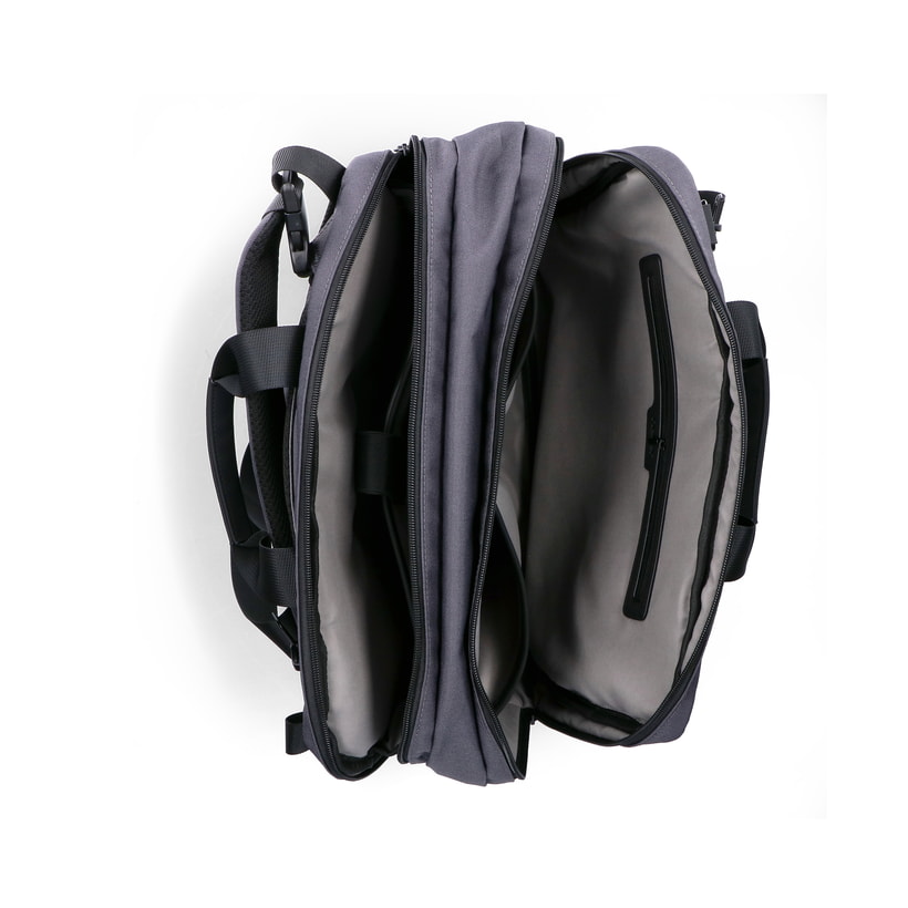 Sac pour ordinateur portable H5200-43 en gris avec fermeture éclair, compartiment rembourré pour ordinateur portable et bretelles amovibles. Ouvert.