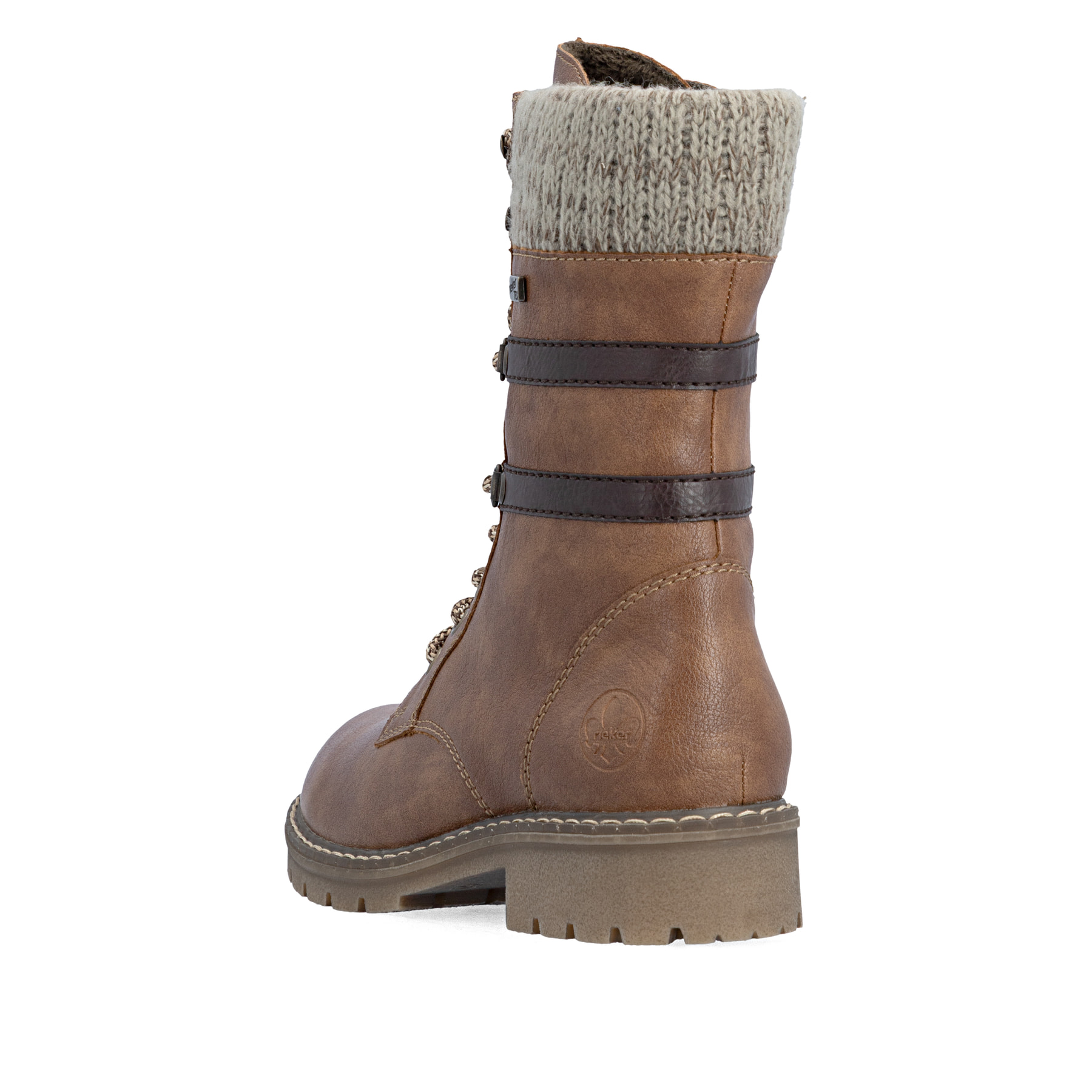 Zimtfarbene Rieker Damen Schnürstiefel Y9107-24 mit Strick-Kragen. Schuh von hinten.