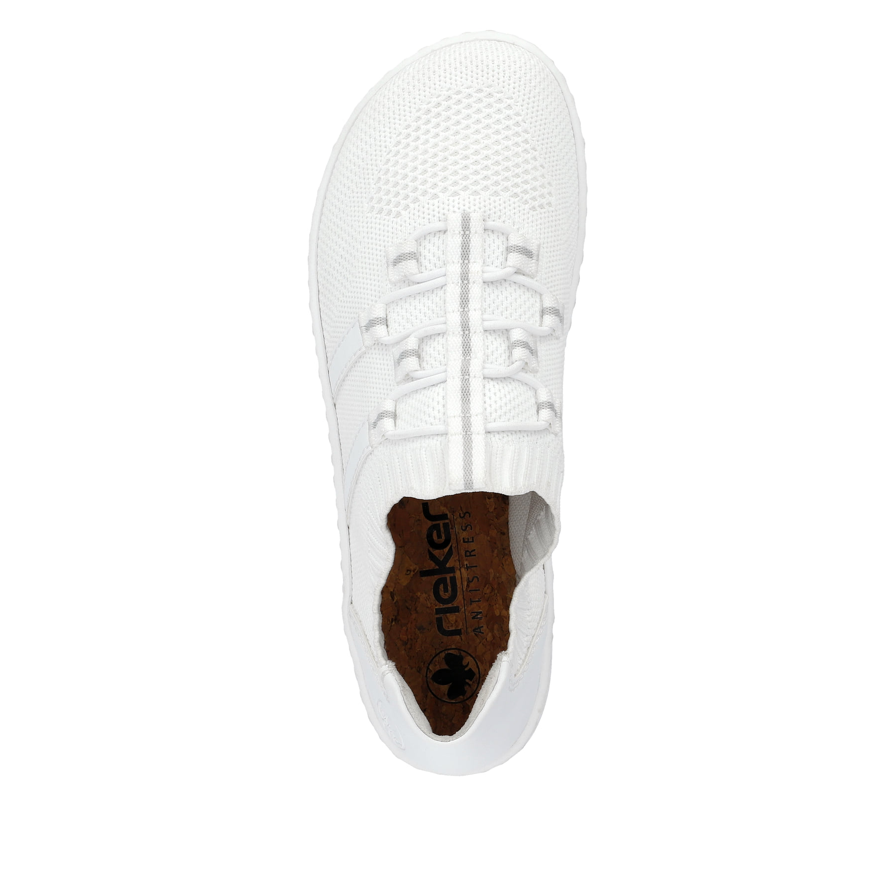 Weiße vegane Rieker Damen Slipper 52854-80, Barfußschuhe mit einem Gummizug. Schuh von oben.
