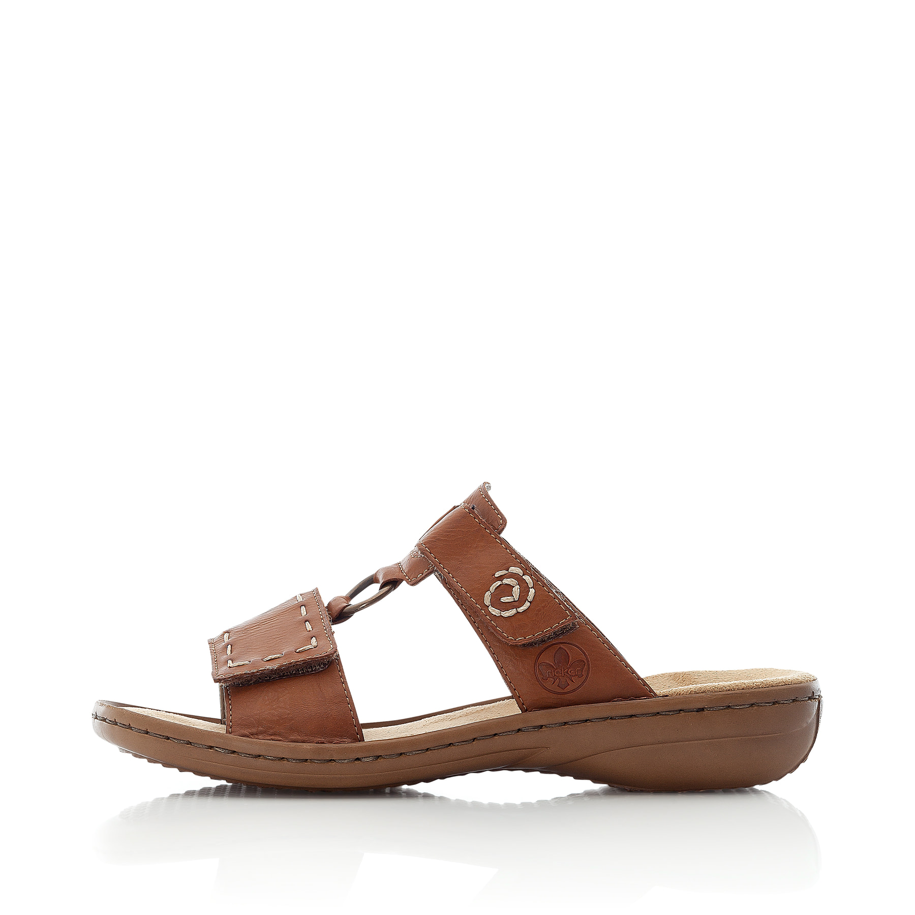 Mules Rieker marron pour femme 60822-24 avec fermeture velcro. Côté extérieur de la chaussure.
