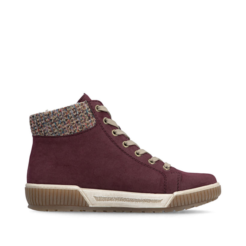 Bordeauxfarbene Rieker Damen Schnürstiefel N0709-35 mit einem Reißverschluss. Schuh Innenseite.