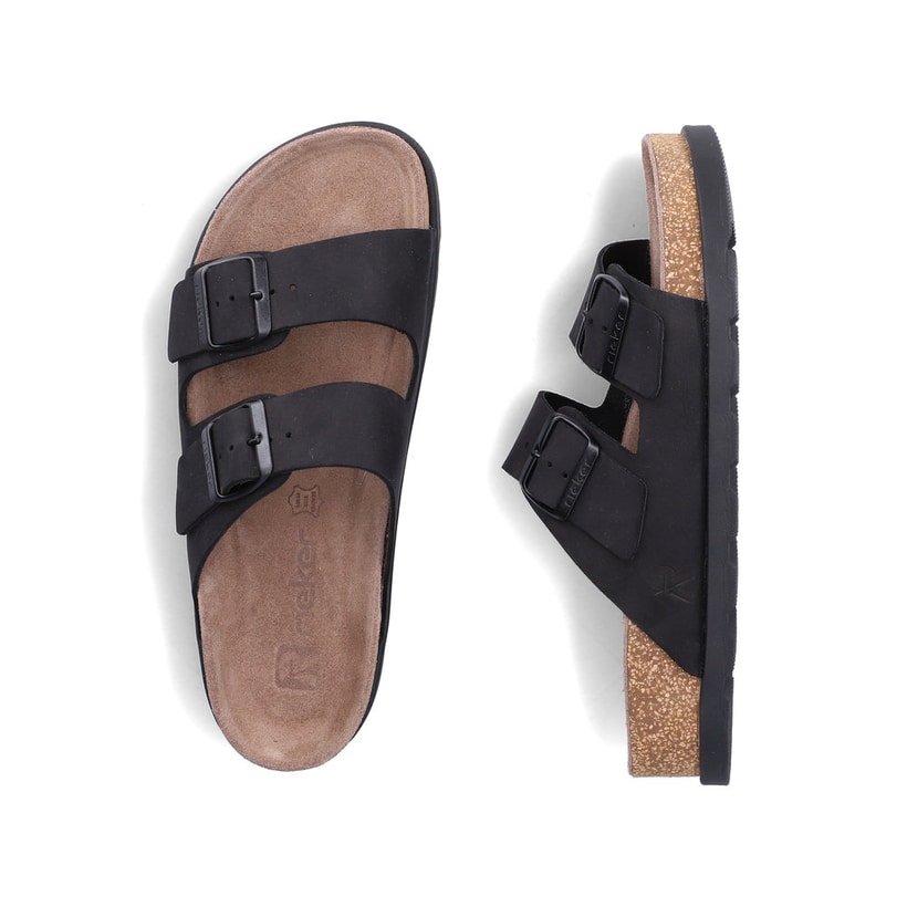 Mules Rieker noires pour femme V3190-01 en cuir velours avec boucles. Chaussure vue de dessus, couchée.