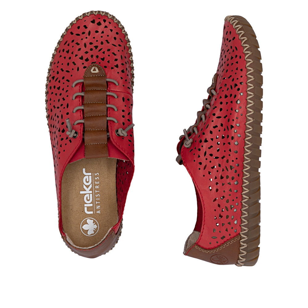 Rote Rieker Damen Slipper M2856-33 aus Glattleder, Barfußschuhe. Schuh von oben, liegend.