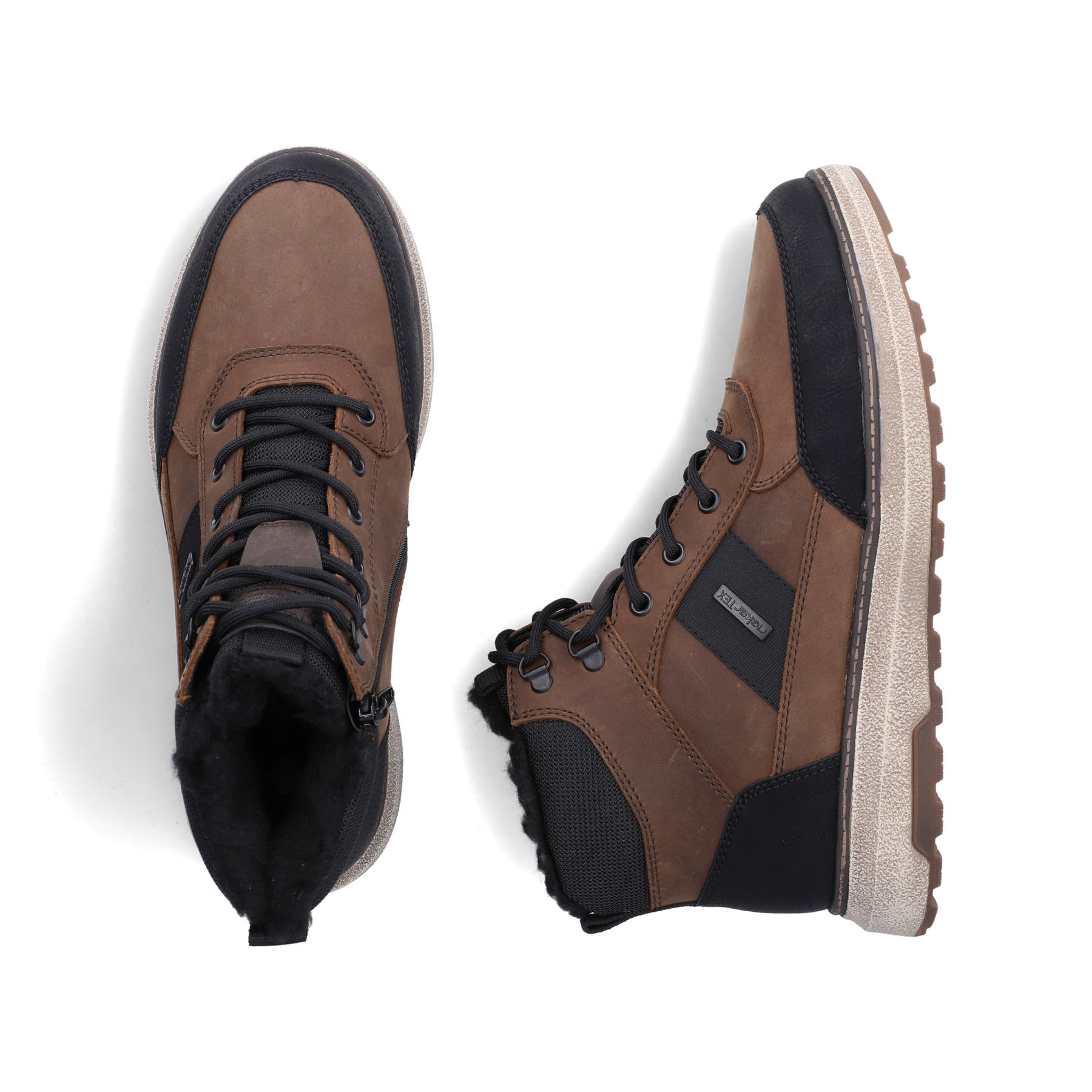 Braun-schwarze Rieker Herren Sneaker High B5546-26 aus Rauleder. Schuh von oben, liegend.