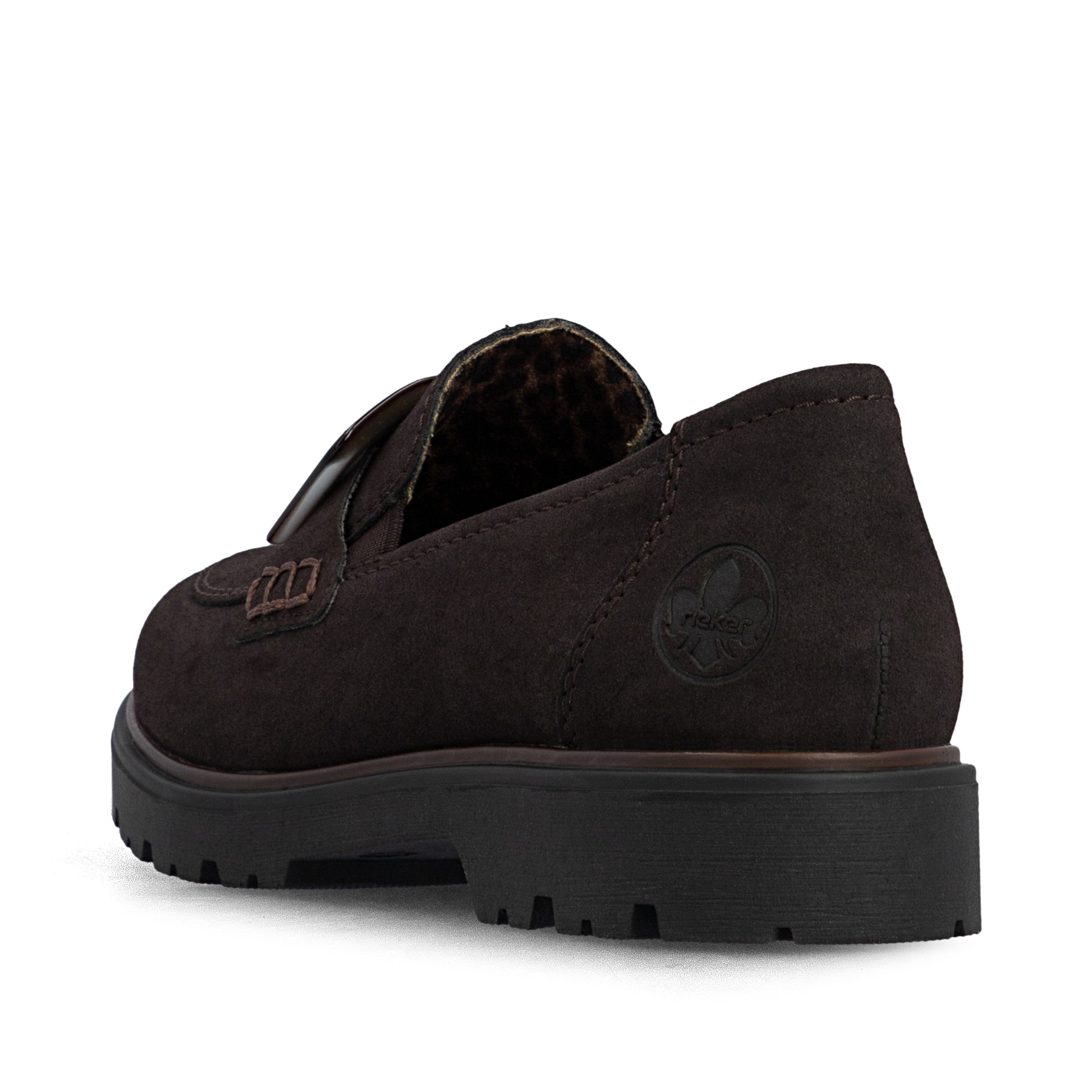 Dunkelbraune Rieker Damen Loafer 45553-25 mit Schmuckelementen sowie Gummizug. Schuh von hinten.