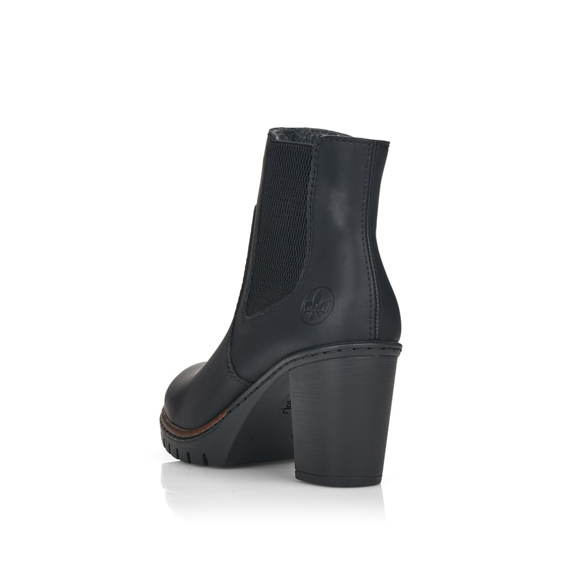 Tiefschwarze Rieker Damen Stiefeletten Y2574-00 mit Reißverschluss sowie Blockabsatz. Schuh von hinten
