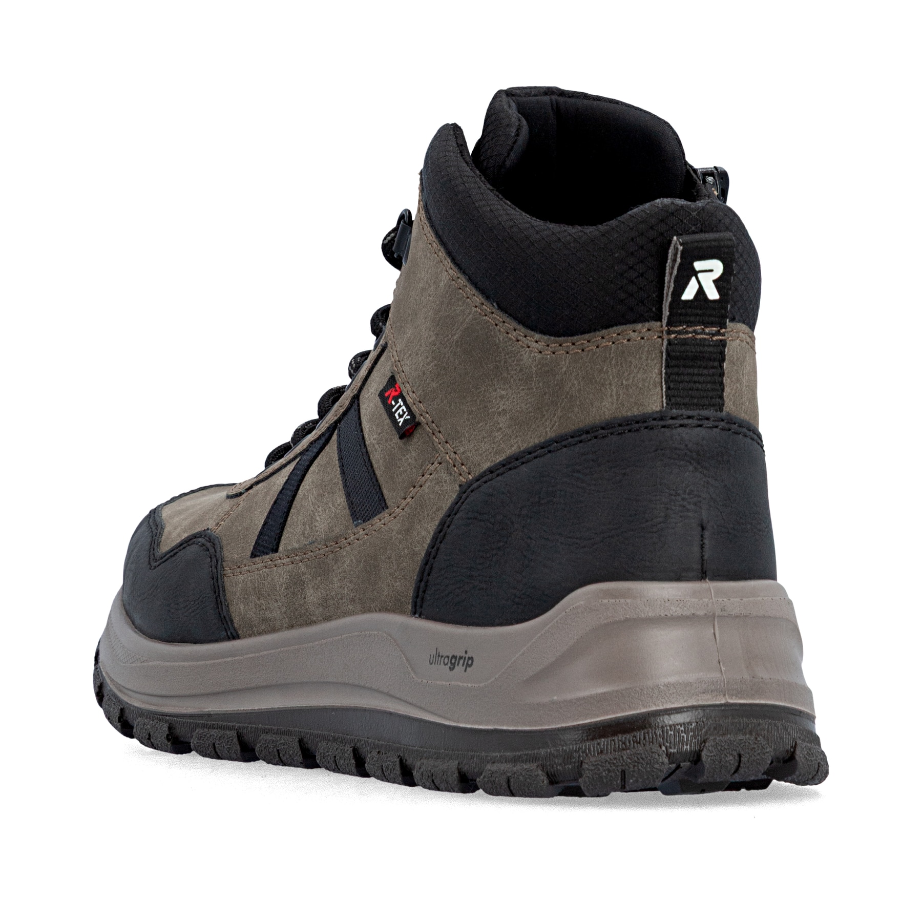 Braun-schwarze Rieker Herren Schnürstiefel B8120-25 mit einem Reißverschluss. Schuh von hinten.