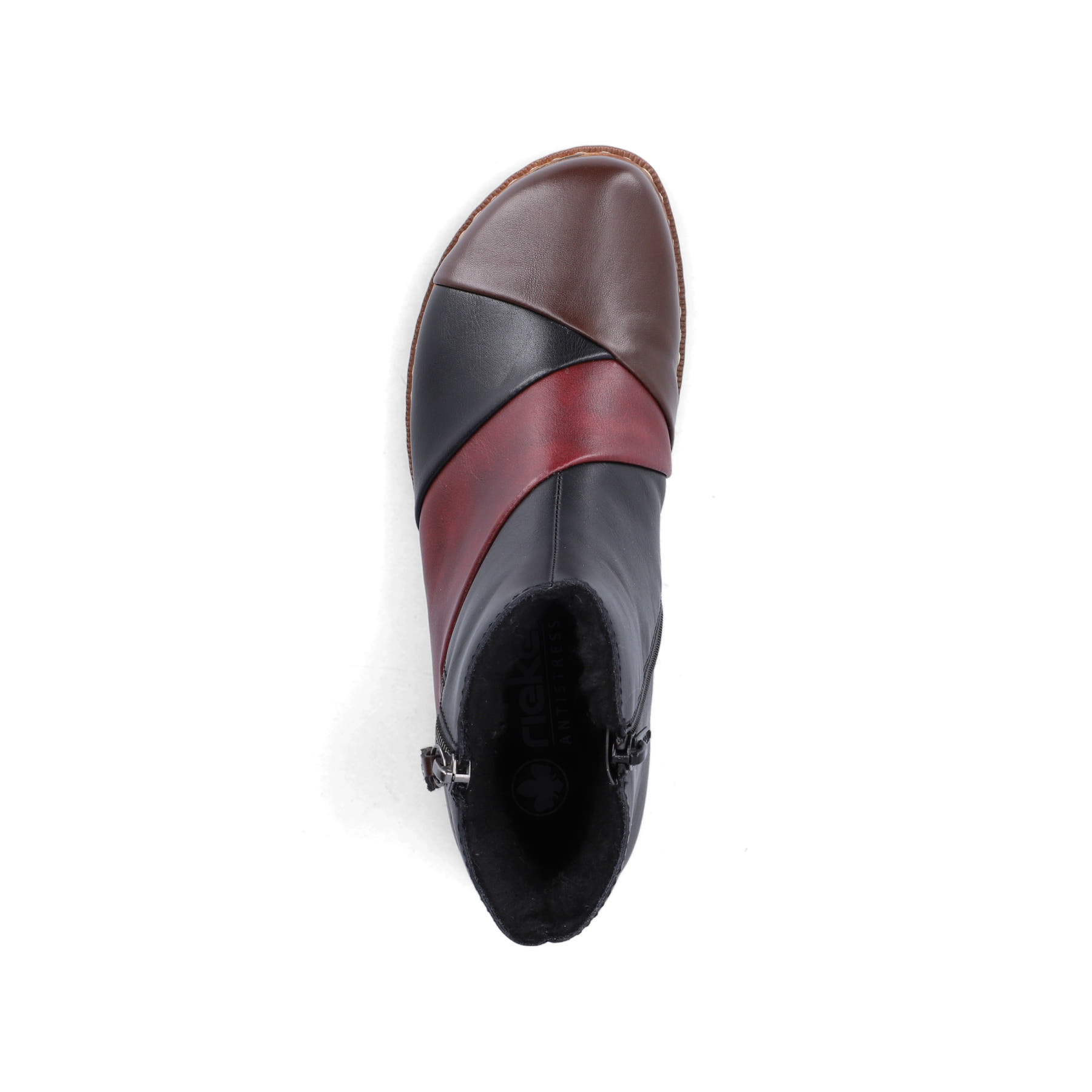 Dunkelblau-weinrote Rieker Damen Kurzstiefel Z9356-90 mit einem Reißverschluss. Schuh von oben.