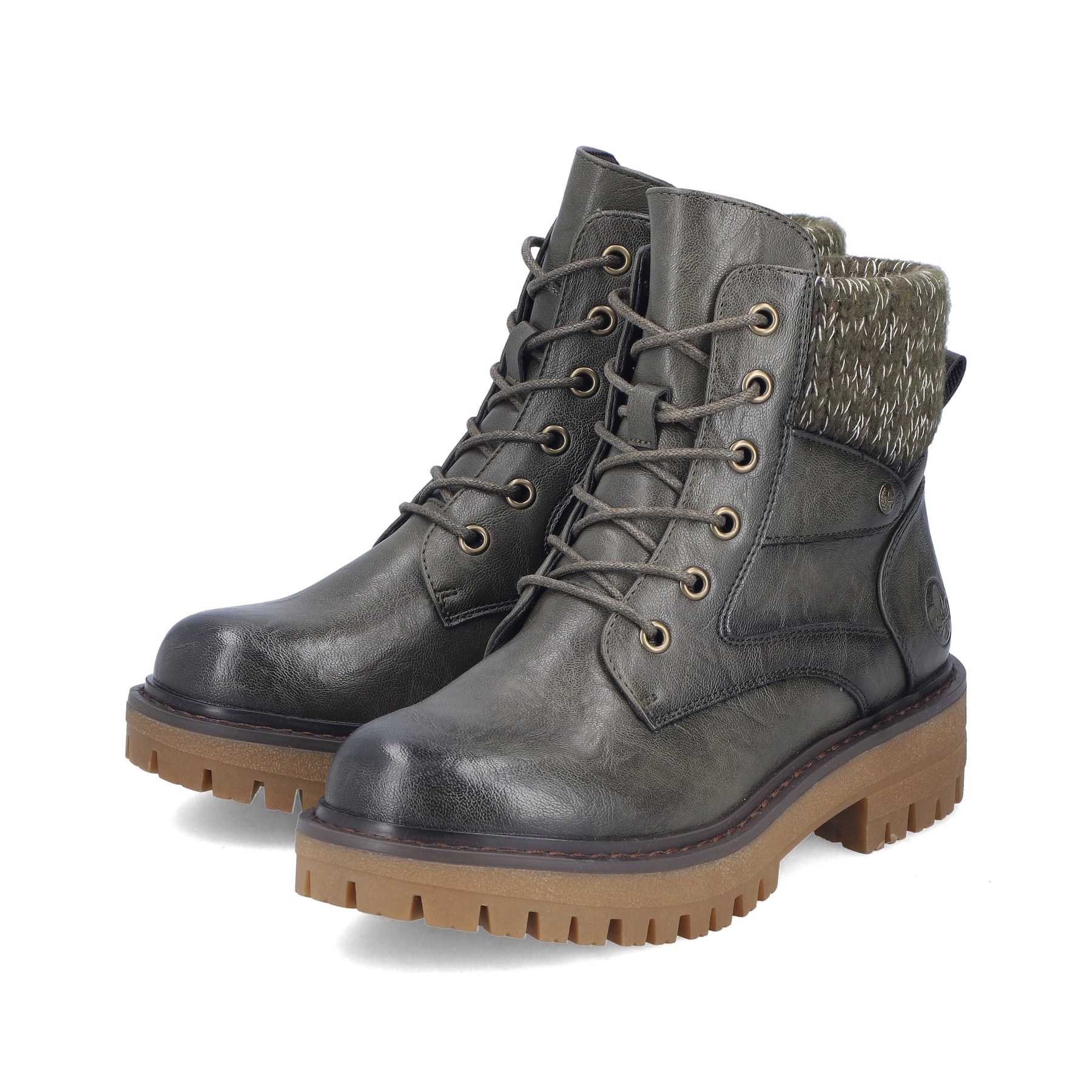 Dunkelgrüne Rieker Damen Schnürstiefel 92920-54 mit einem Reißverschluss. Schuhpaar seitlich schräg.