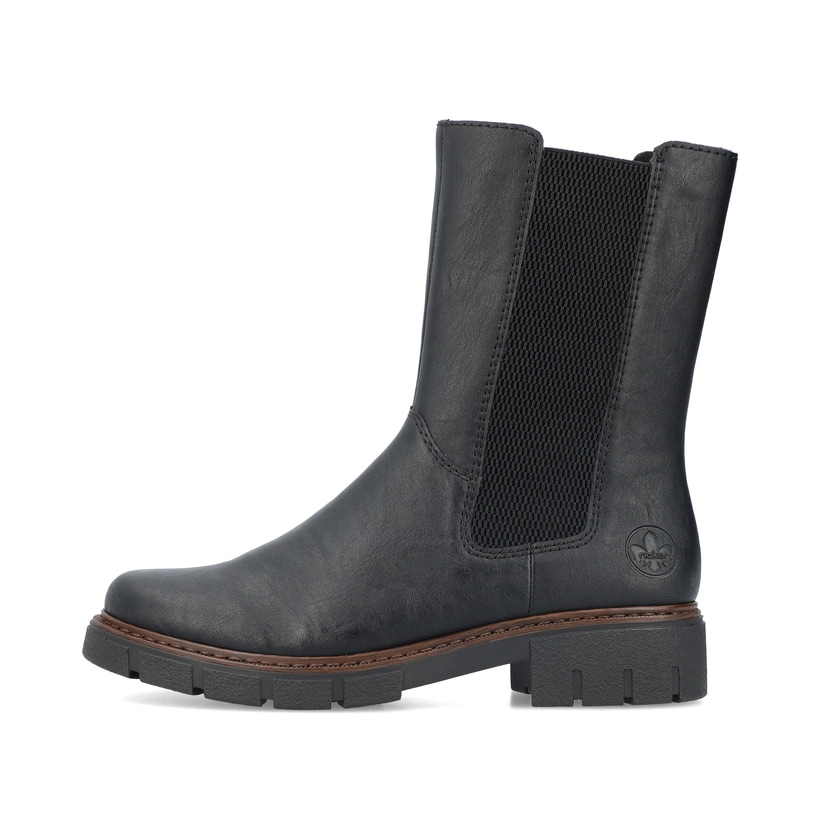 
Tiefschwarze Rieker Damen Chelsea Boots Z3582-00 mit einer schockabsorbierenden Sohle. Schuh Außenseite