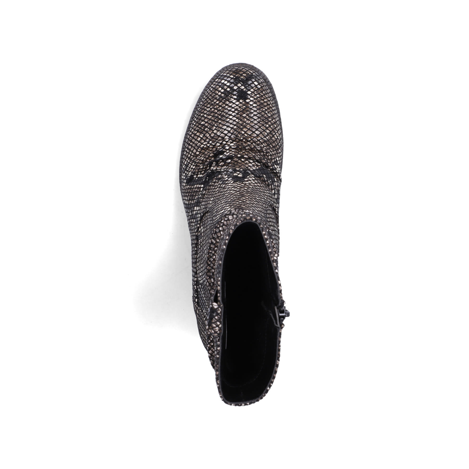 Schwarz-braune Rieker Damen Kurzstiefel 93770-27 mit einem Reißverschluss. Schuh von oben.