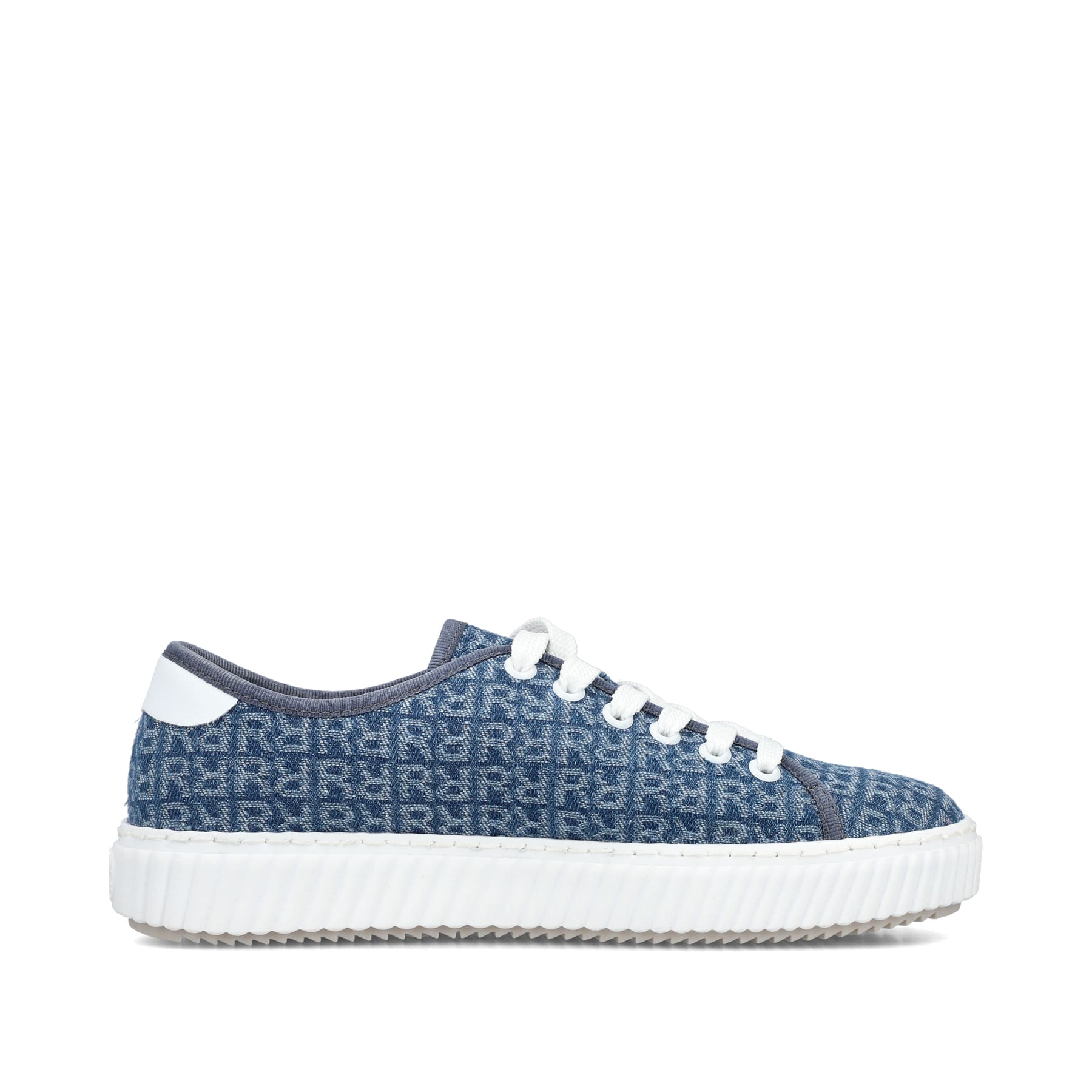 Schieferblaue vegane Rieker Damen Sneaker Low M3926-14 mit einer Schnürung. Schuh Innenseite.