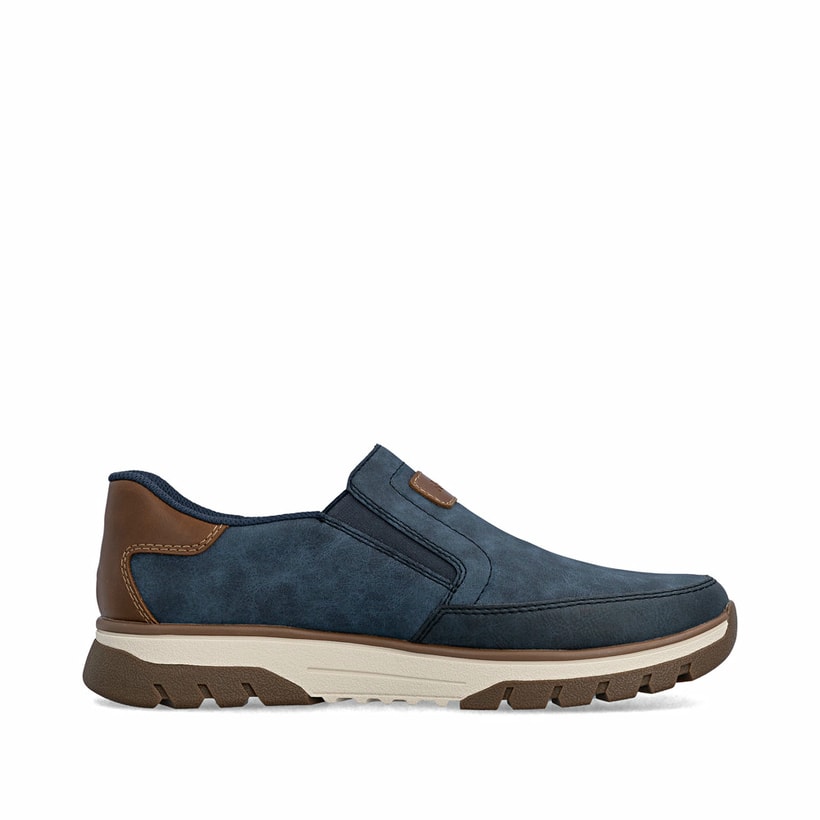 Blaue Rieker Herren Slipper B9350-15 mit einem Gummizug sowie der Extraweite H. Schuh Innenseite.