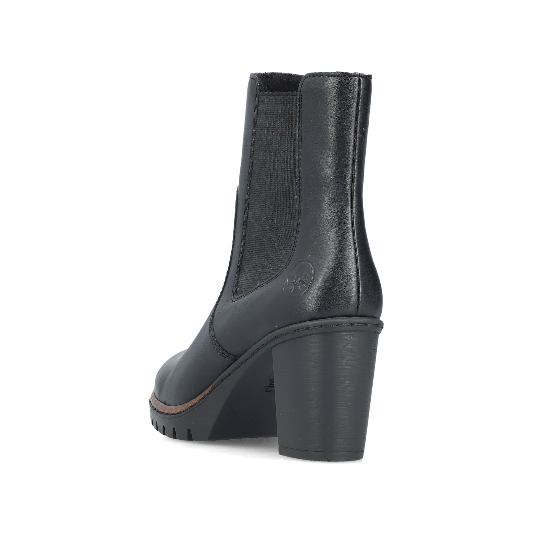 Schwarze Rieker Damen Stiefeletten Y2580-00 mit einem Reißverschluss. Schuh von hinten.