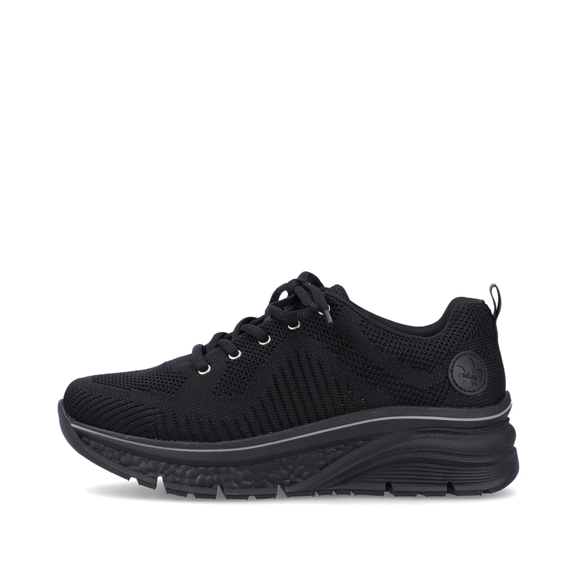 Schwarze Rieker Damen Sneaker Low 48022-00 mit flexibler Sohle sowie Schnürung. Schuh Außenseite.