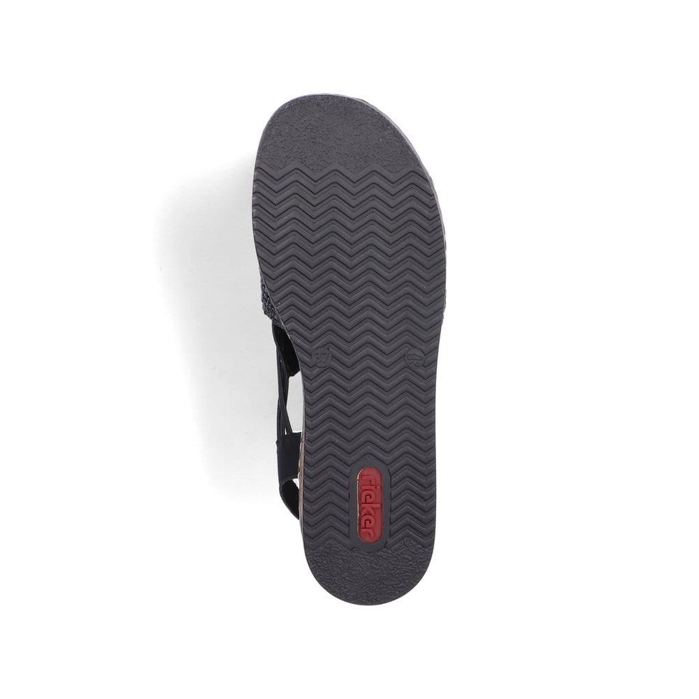 Schwarze Rieker Keilsandaletten 62941-00 mit einem Gummizug. Schuh Laufsohle.