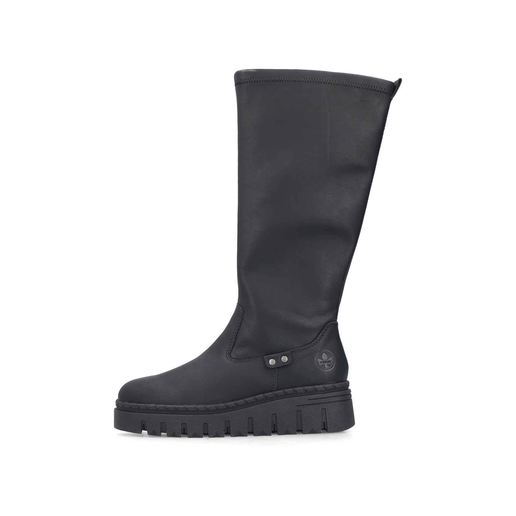 Schwarze Rieker Damen Hochschaftstiefel Z8990-00 mit einem Reißverschluss. Schuh Außenseite.