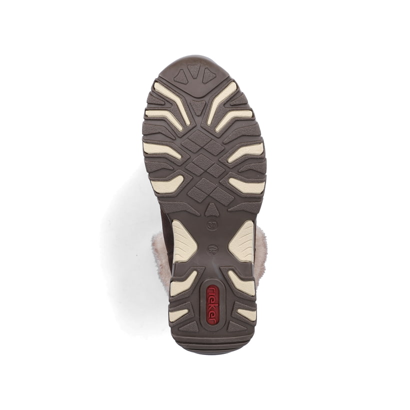 Dunkelbraun-beige Rieker Damen Schnürstiefel M9610-25 mit weichem Kragen. Schuh Laufsohle.