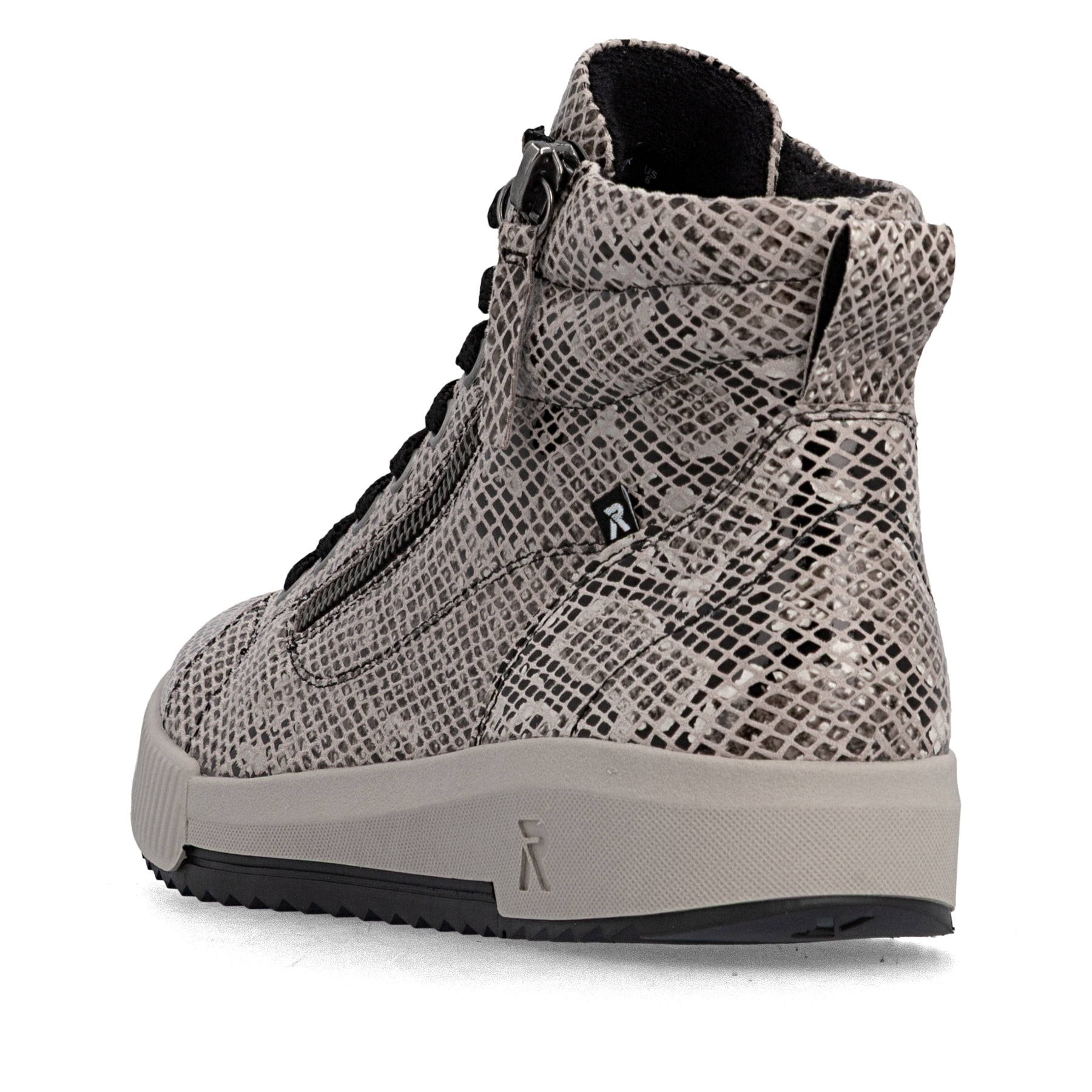Beige-schwarze Rieker Damen Sneaker High W0164-64 mit modernen Ziernähten. Schuh von hinten.
