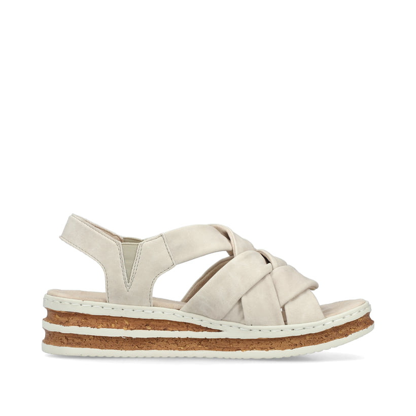 Beige Rieker Keilsandaletten 62908-60 mit Gummizug sowie schmaler Passform E 1/2. Schuh Innenseite.