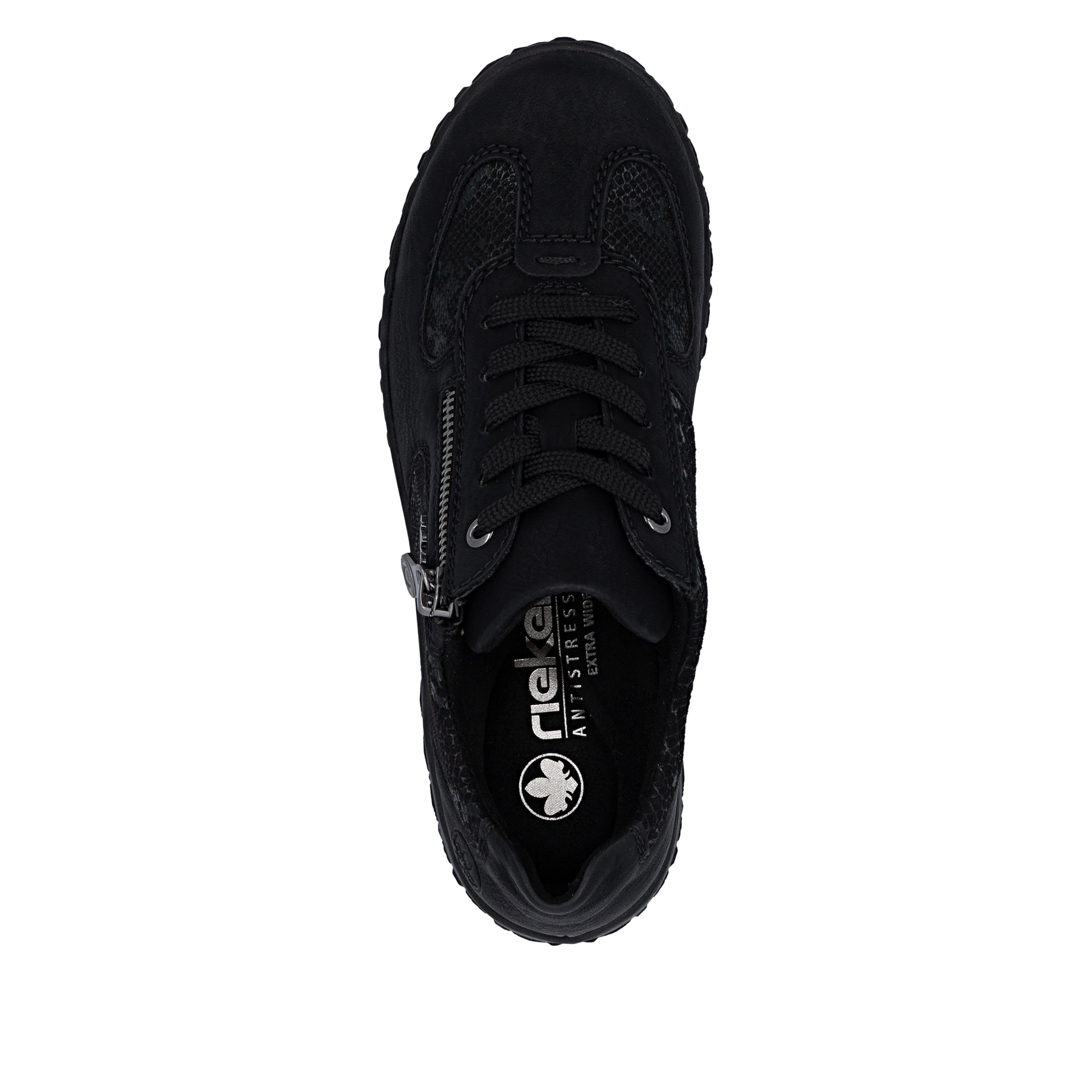 Baskets basses Rieker noires pour femmes 59501-00 avec fermeture éclair. Chaussure vue de dessus.